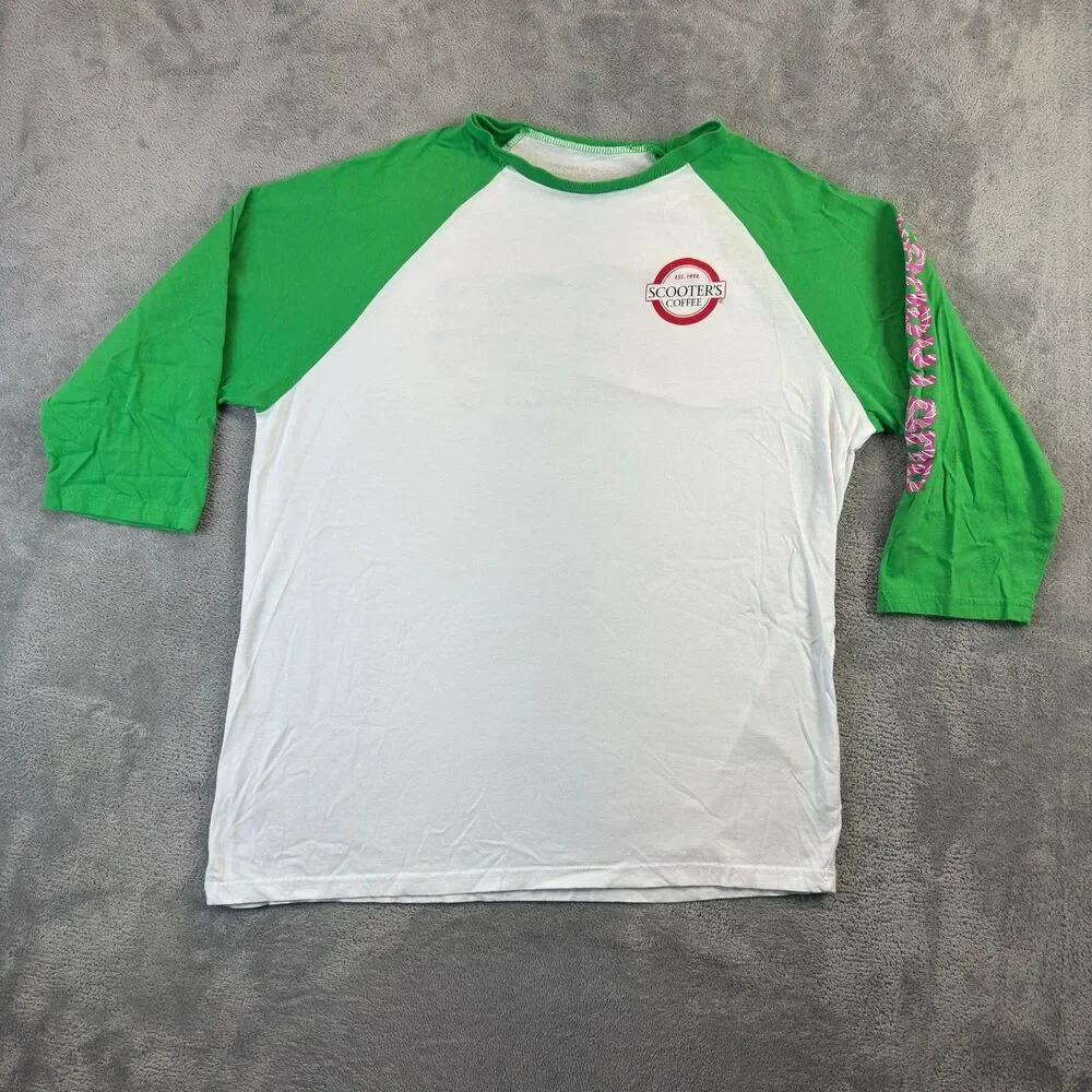 Scooters Coffee Shirt Unisex XL Green White 3/4 Raglan Baseball Candyland Promo